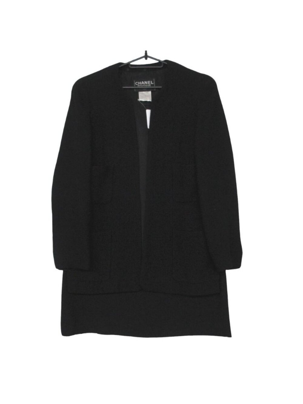 Chanel Set Tweed Collarless Jacket Skirt Suit Black